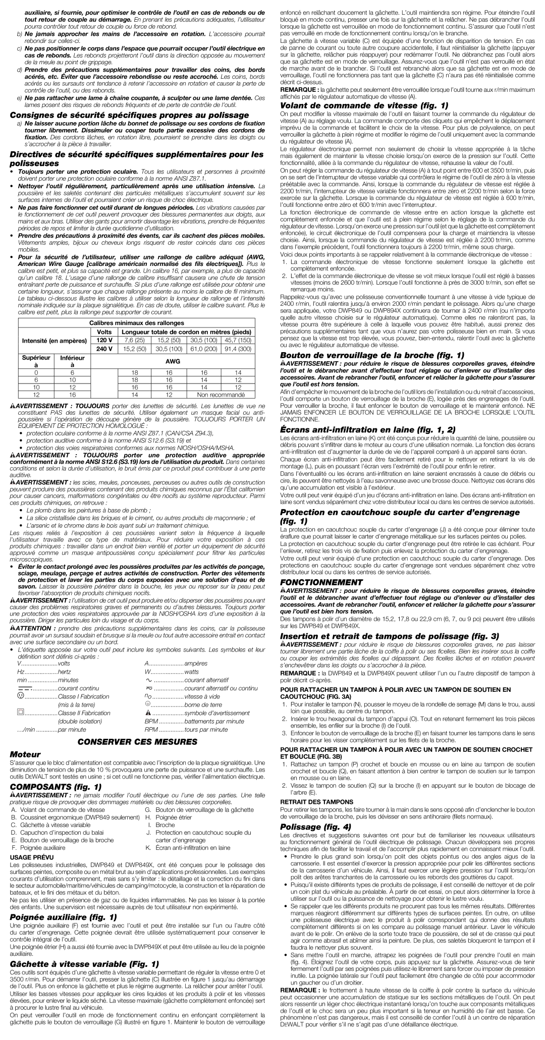 DeWalt DWP849X instruction manual Conserver CES Mesures, Fonctionnement 