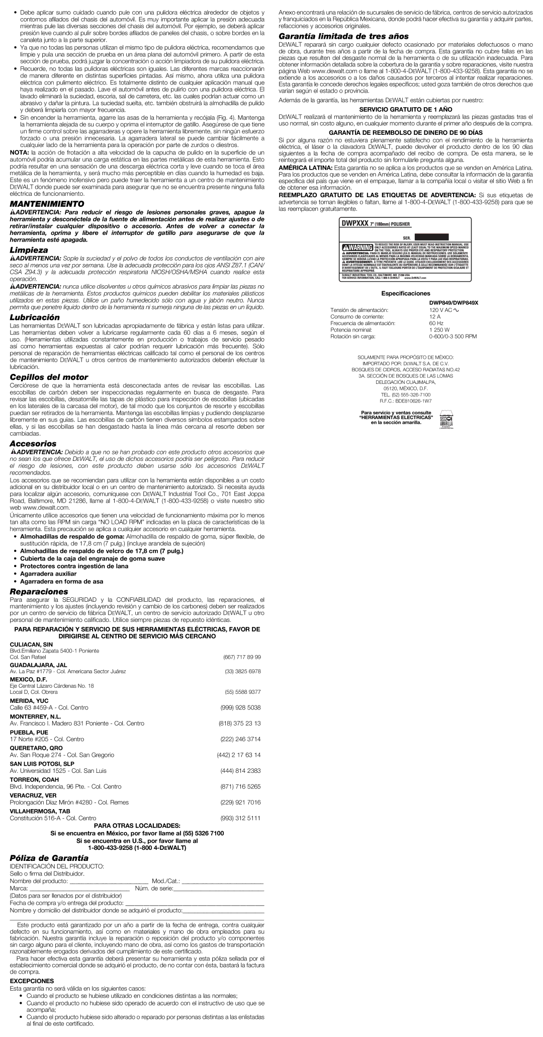 DeWalt DWP849X instruction manual Mantenimiento 