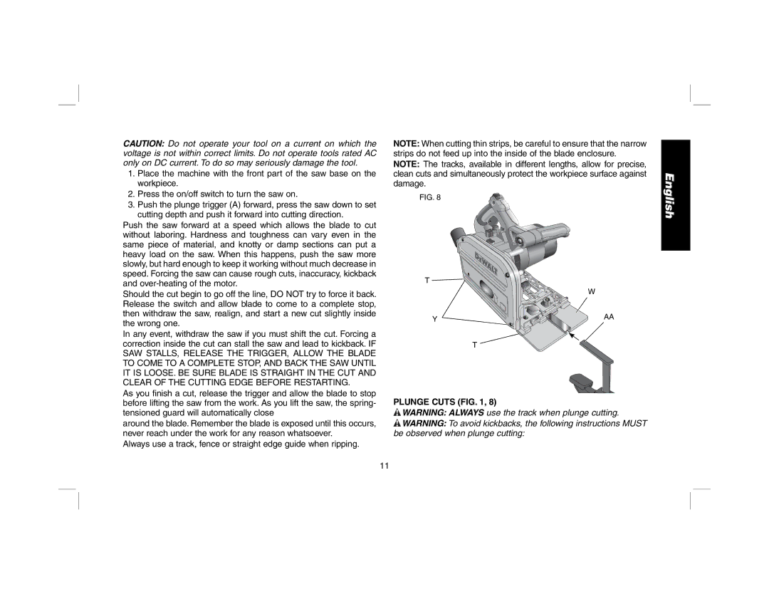 DeWalt DWS520SK, DWS520K instruction manual Plunge Cuts 