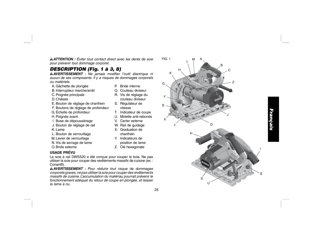 DeWalt DWS520SK, DWS520K instruction manual Description à 3, Usage Prévu 