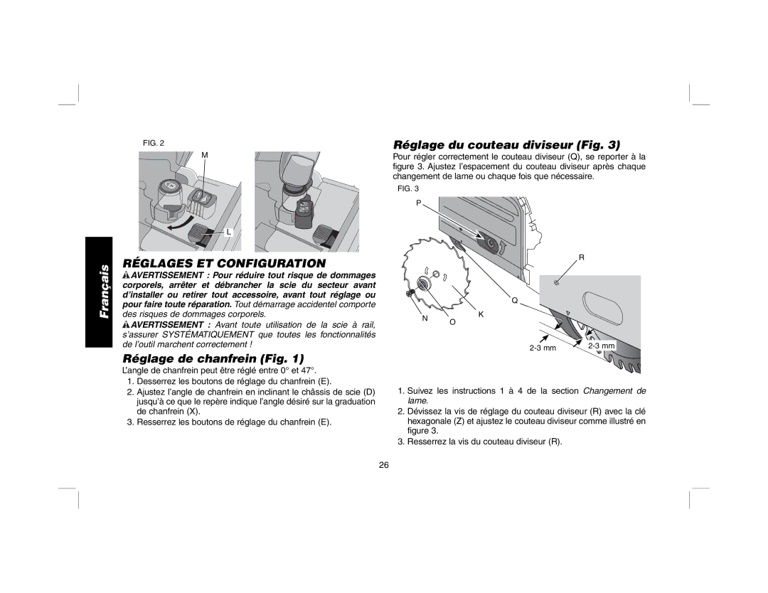 DeWalt DWS520K, DWS520SK Réglages ET Configuration, Réglage du couteau diviseur Fig, Réglage de chanfrein Fig 