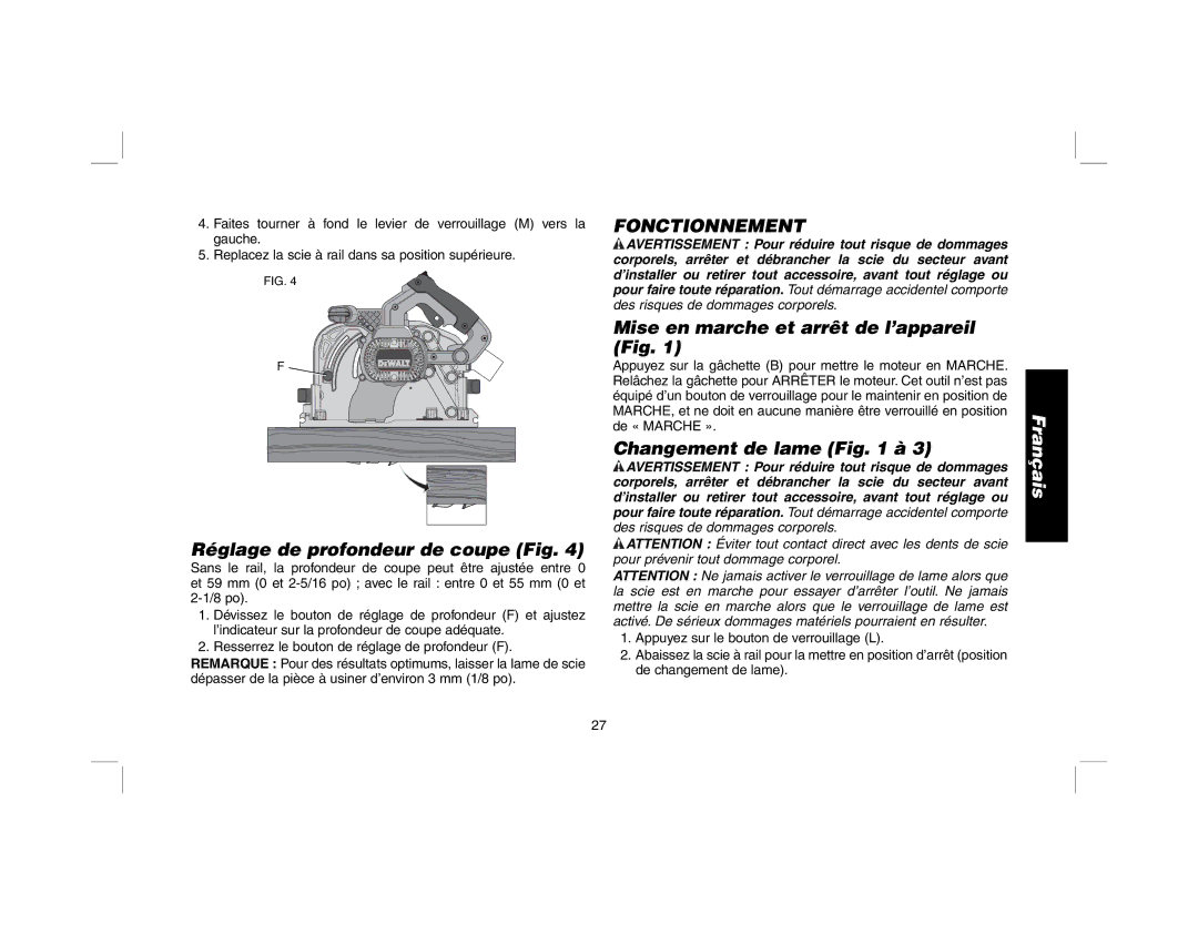 DeWalt DWS520SK, DWS520K Fonctionnement, Mise en marche et arrêt de l’appareil, Réglage de profondeur de coupe Fig 