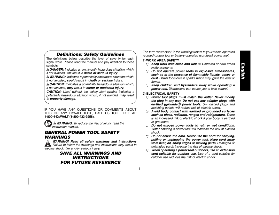 DeWalt DWS520SK Deﬁnitions Safety Guidelines, General Power Tool Safety Warnings, Work Area Safety, Electrical Safety 