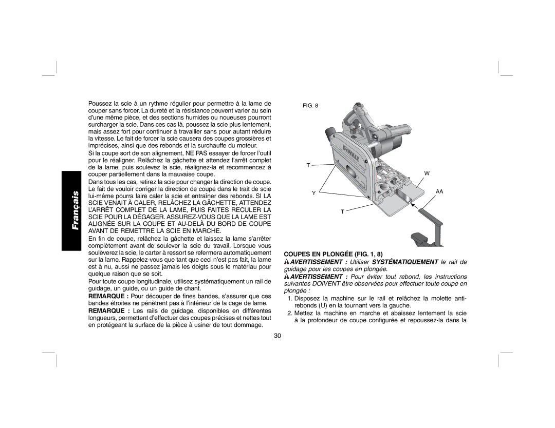 DeWalt DWS520K, DWS520SK instruction manual Coupes EN Plongée 