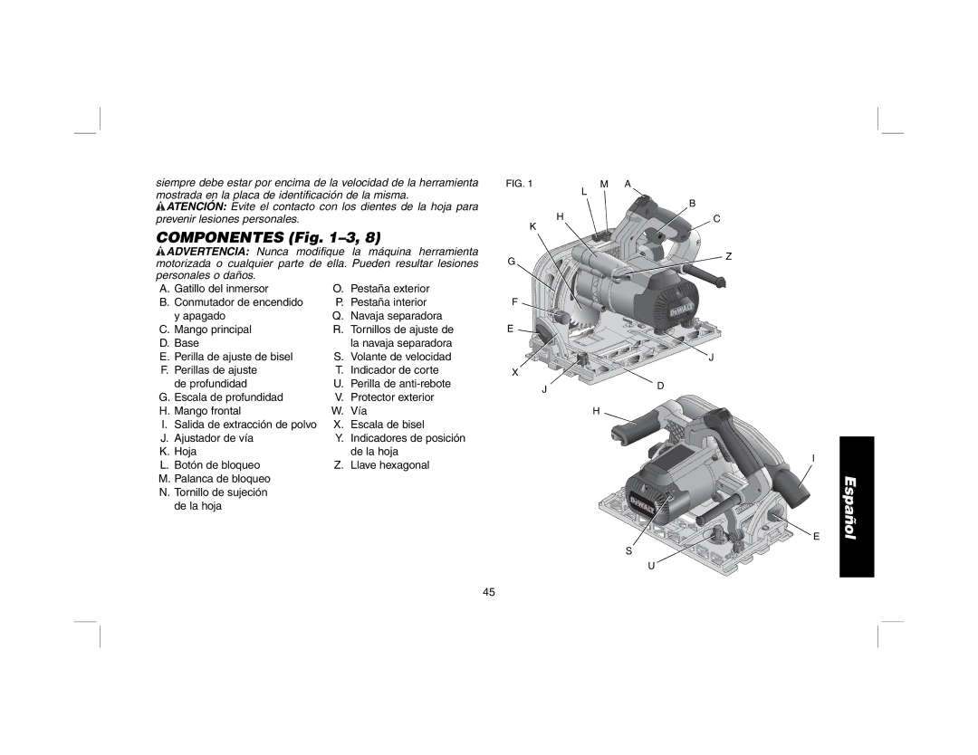 DeWalt DWS520SK, DWS520K instruction manual Componentes -3 