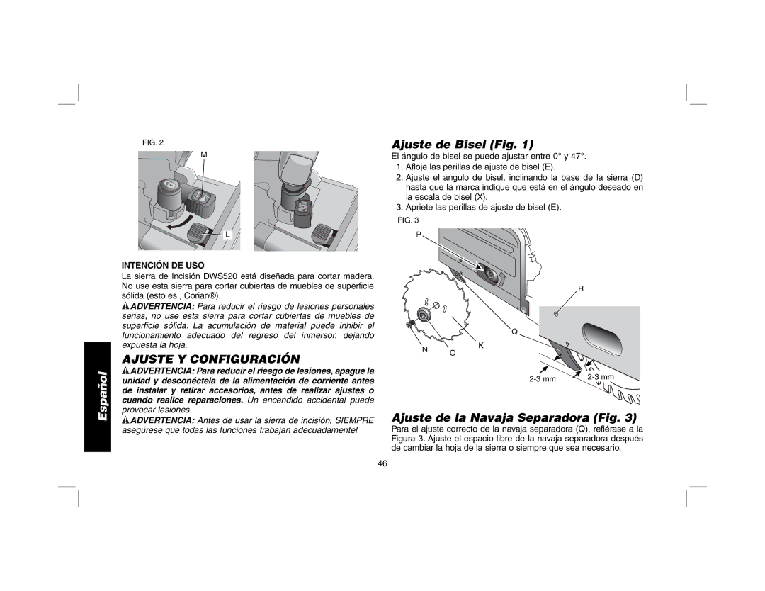 DeWalt DWS520K, DWS520SK Ajuste de Bisel Fig, Ajuste Y Configuración, Ajuste de la Navaja Separadora Fig, Intención DE USO 