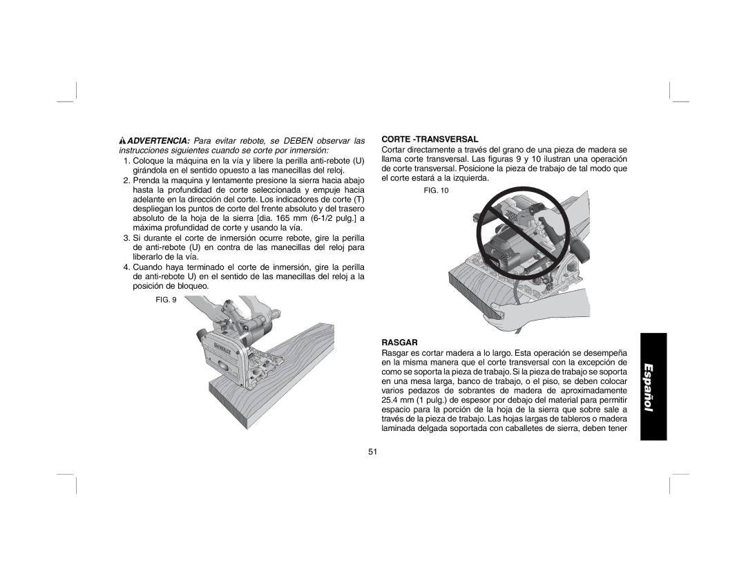 DeWalt DWS520SK, DWS520K instruction manual Corte -TRANSVERSAL, Rasgar 