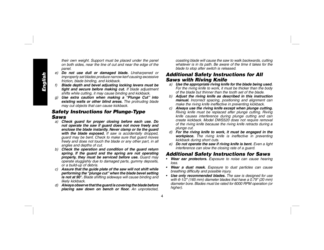 DeWalt DWS520K, DWS520SK Safety Instructions for Plunge-Type Saws, Additional Safety Instructions for Saws 