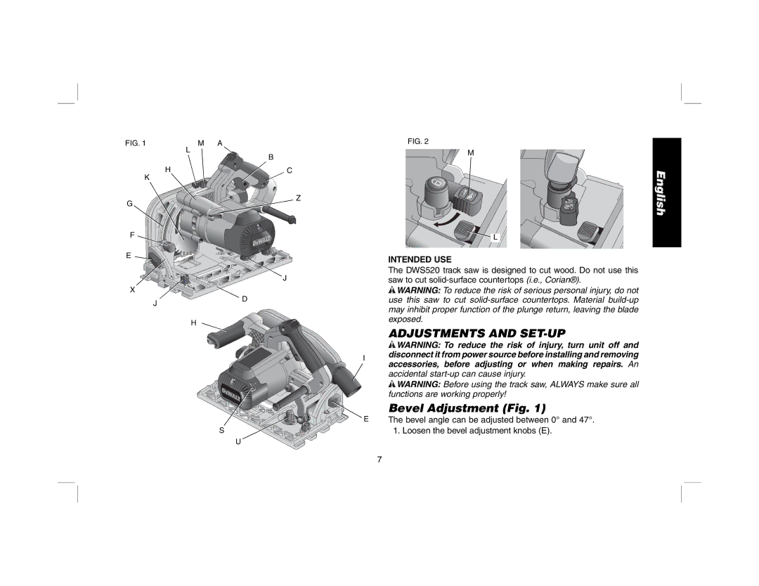 DeWalt DWS520SK, DWS520K instruction manual Adjustments and SET-UP, Bevel Adjustment Fig, Intended USE 