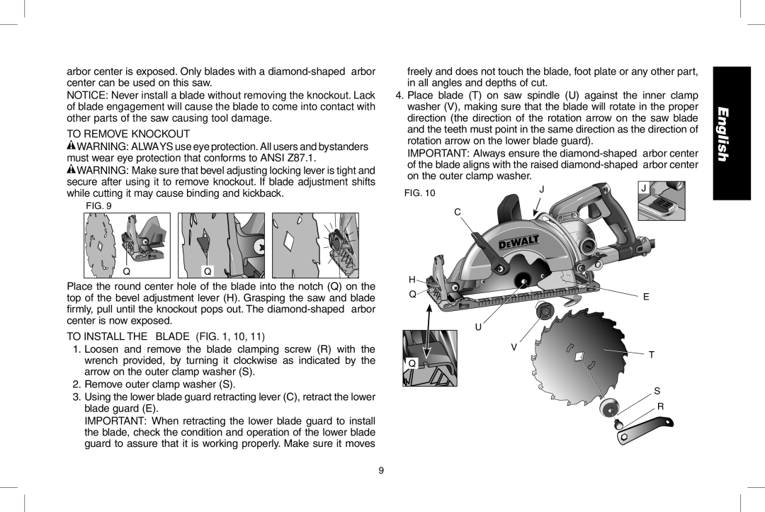 DeWalt DWS535 instruction manual To remove knockout, To Install the Blade , 10 