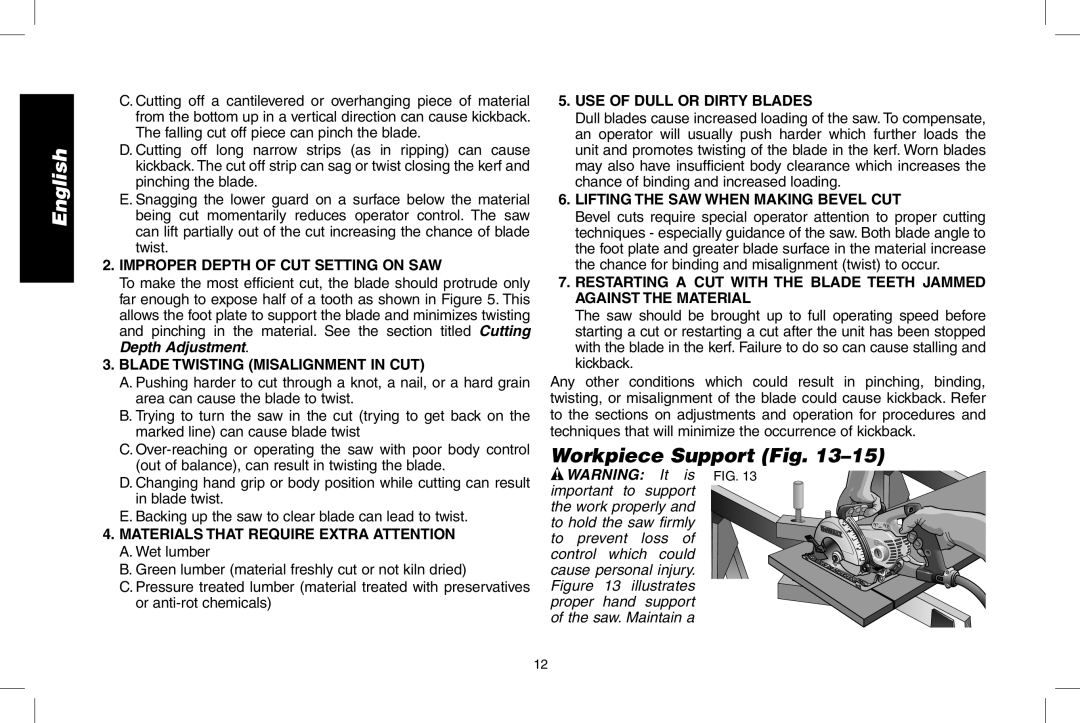 DeWalt DWS535 instruction manual Workpiece Support Fig 