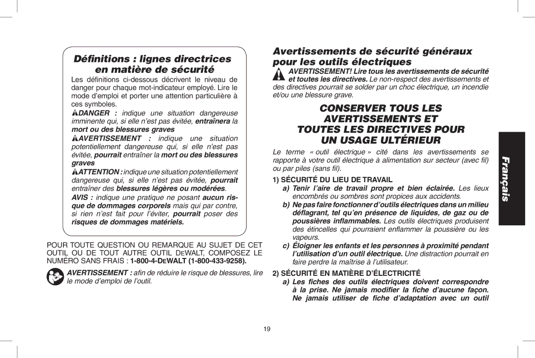 DeWalt DWS535 Définitions lignes directrices en matière de sécurité, Graves Entraîner des blessures légères ou modérées 