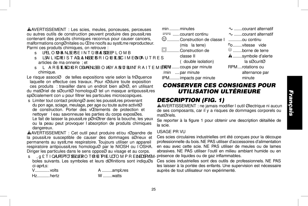 DeWalt DWS535 instruction manual Utilisation Ultérieure Description Fig, Usage Prévu 