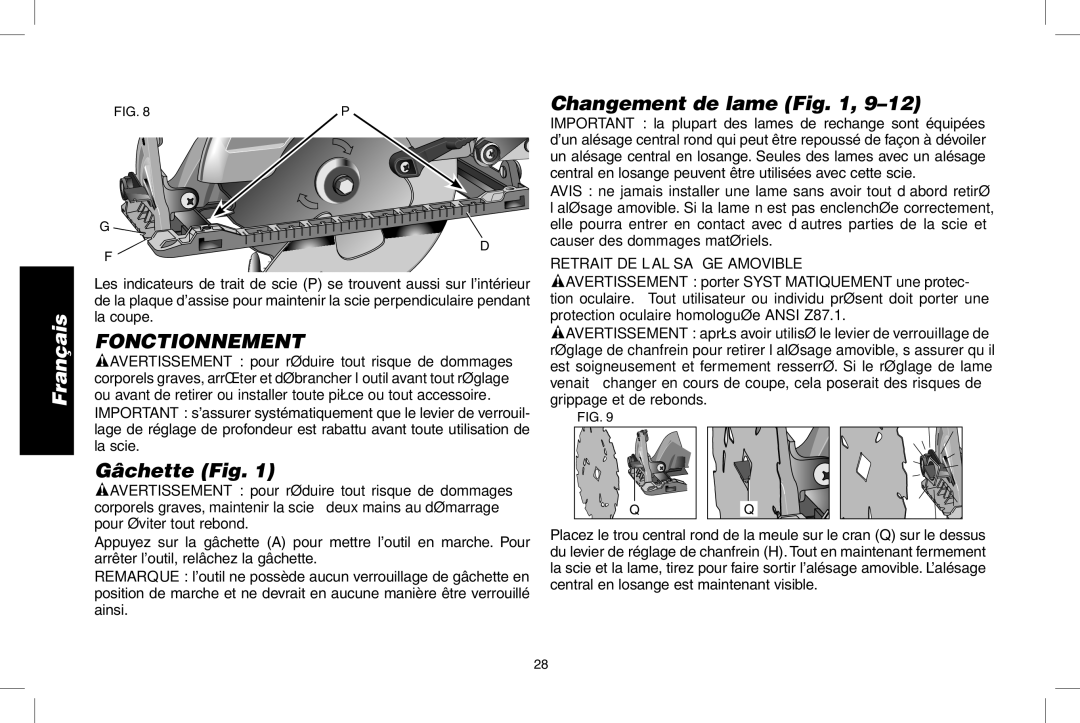 DeWalt DWS535 instruction manual Changement de lame, Gâchette Fig, Retrait DE l’ALÉSAGE amovible 