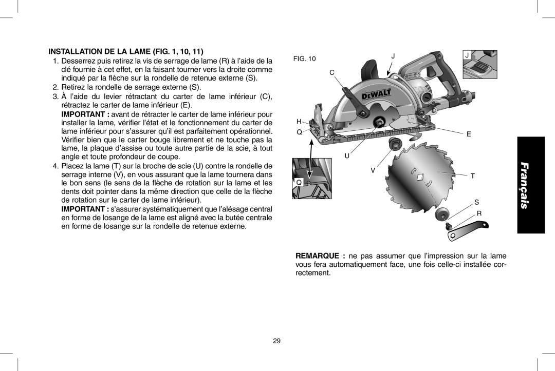 DeWalt DWS535 instruction manual Installation DE LA Lame , 10 