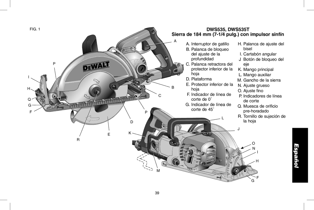 DeWalt instruction manual DWS535, DWS535T, Sierra de 184 mm 7-1/4 pulg. con impulsor sinfín 