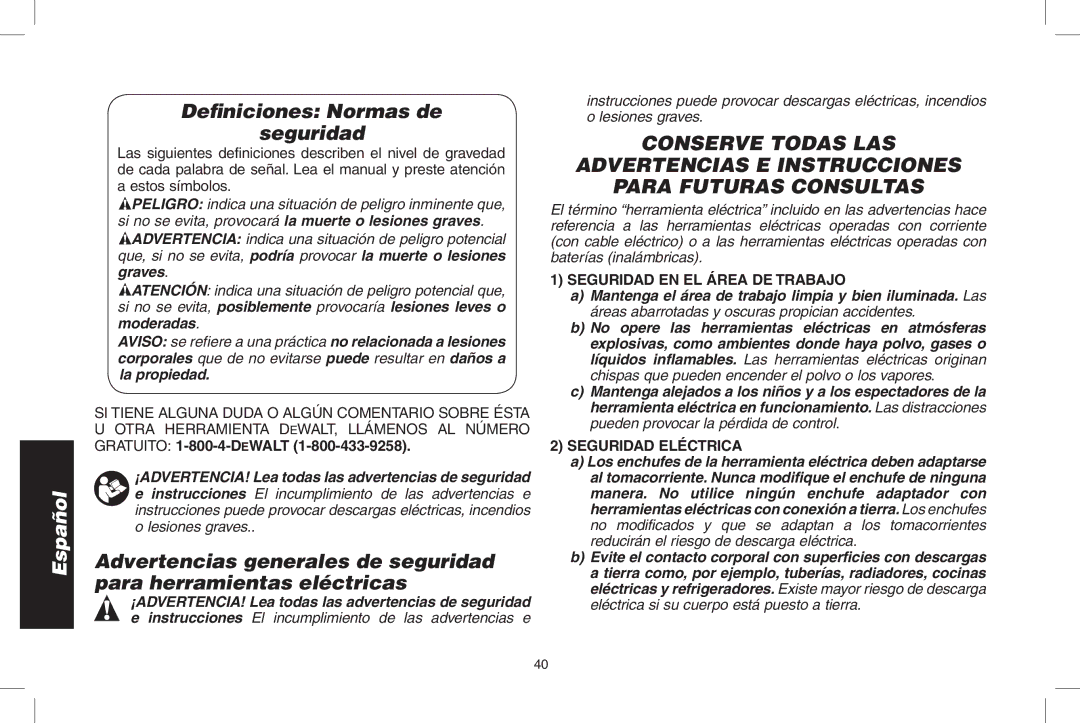 DeWalt DWS535 Definiciones Normas de Seguridad, ¡ADVERTENCIA! Lea todas las advertencias de seguridad, Seguridad eléctrica 