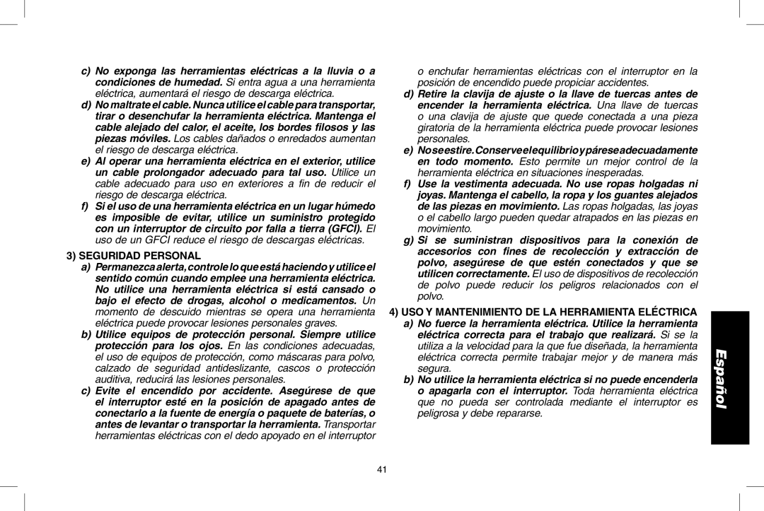 DeWalt DWS535 instruction manual Seguridad personal, Uso y mantenimiento de la herramienta eléctrica 