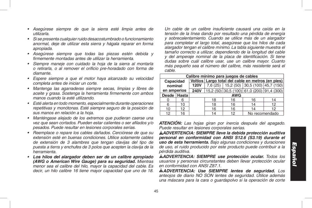 DeWalt DWS535 instruction manual Calibre mínimo para juegos de cables Capacidad 