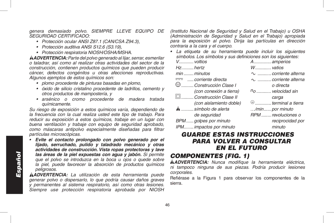 DeWalt DWS535 instruction manual Componentes Fig 