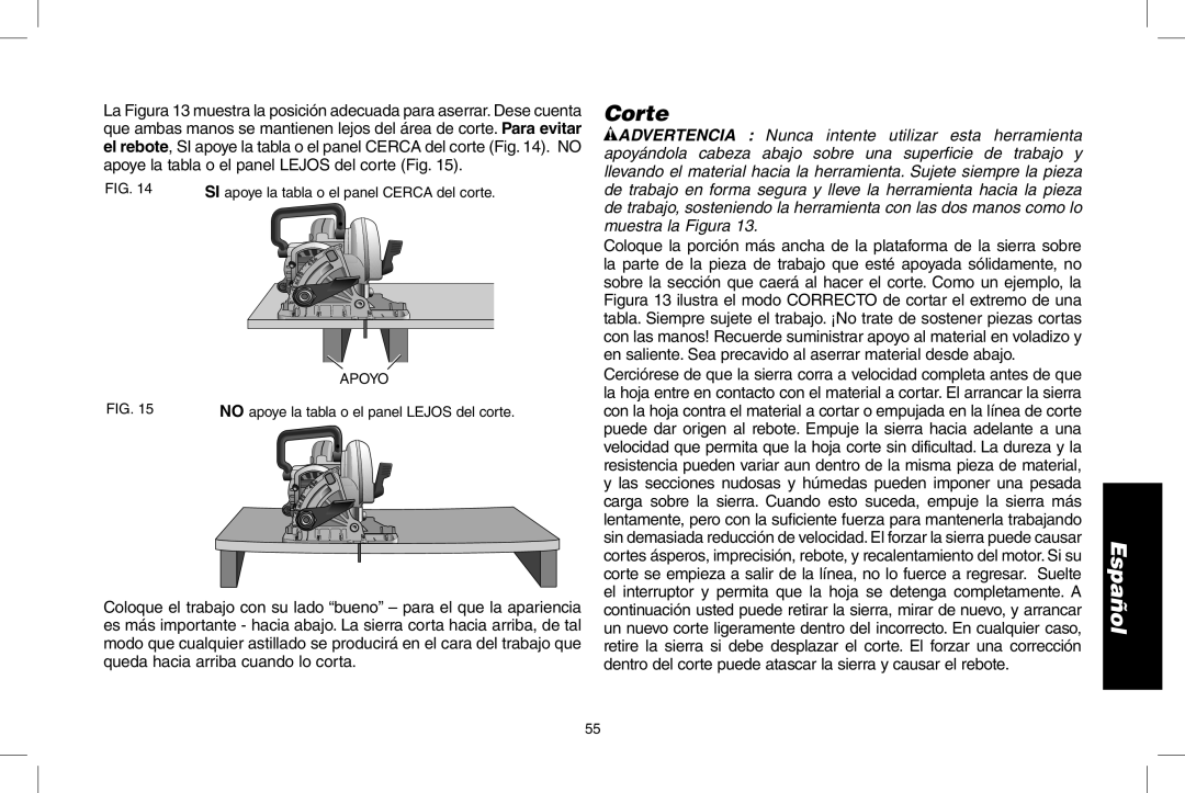 DeWalt DWS535 instruction manual Corte 