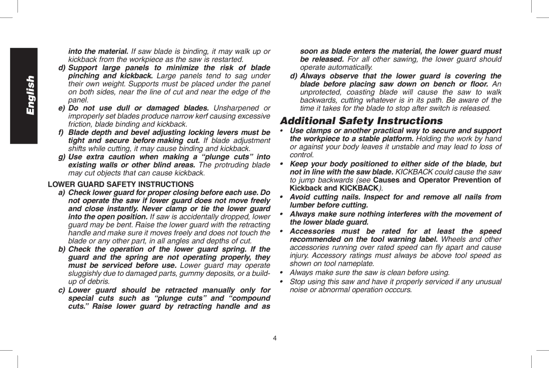 DeWalt DWS535 instruction manual Additional Safety Instructions, Lower Guard Safety Instructions 