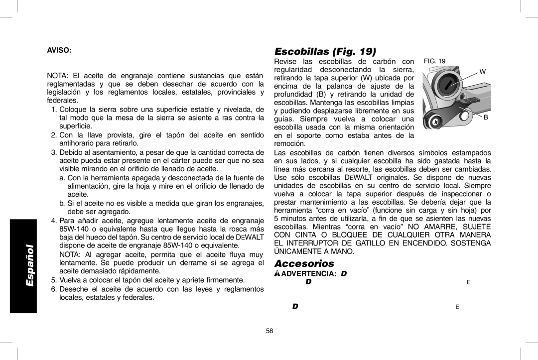 DeWalt DWS535 instruction manual Escobillas Fig, Accesorios 