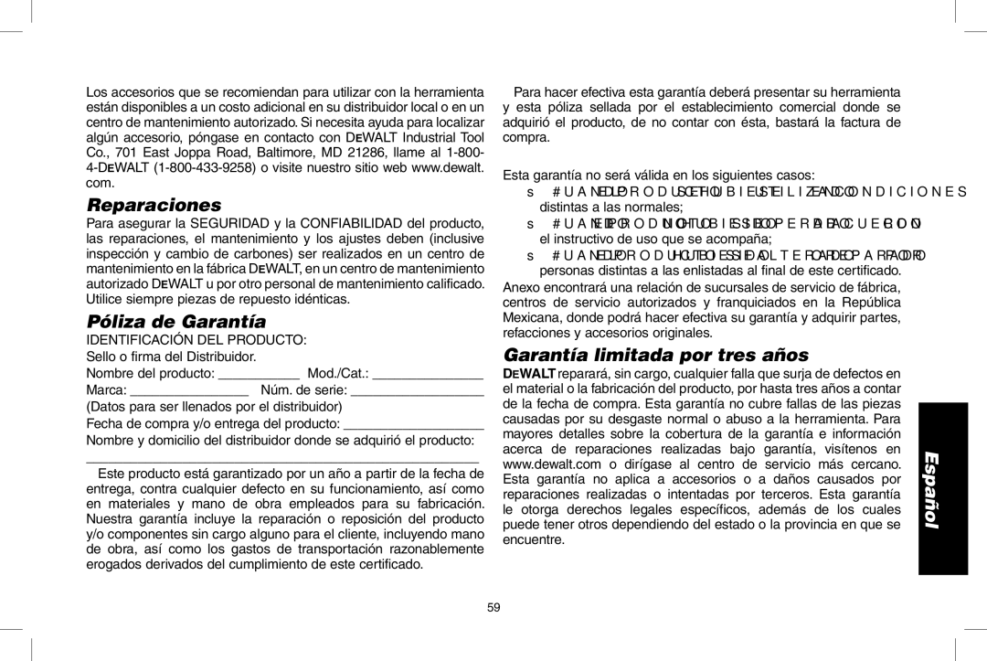 DeWalt DWS535 instruction manual Reparaciones, Póliza de Garantía, Garantía limitada por tres años, Excepciones 