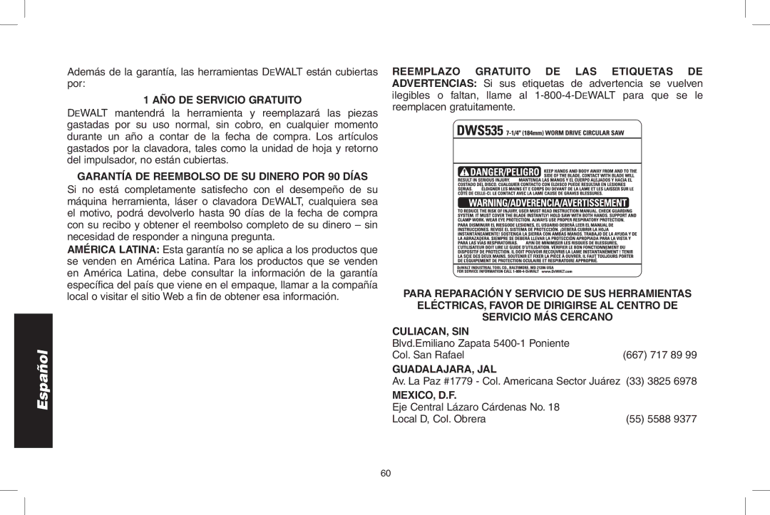 DeWalt DWS535 Año de servicio gratuito, Garantía de reembolso de su dinero por 90 Días, Culiacan, Sin, Guadalajara, Jal 