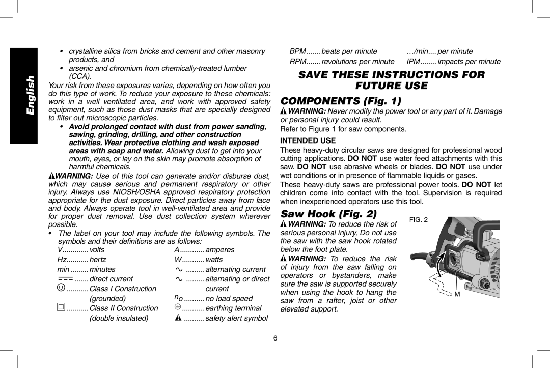 DeWalt DWS535 instruction manual Components Fig, Saw Hook Fig, Intended USE 