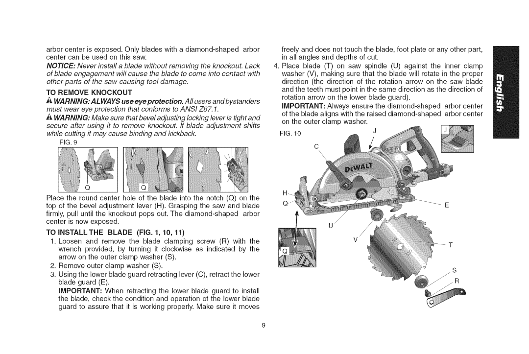 DeWalt DWS535T instruction manual To Remove Knockout, To Installthe Blade , 10 