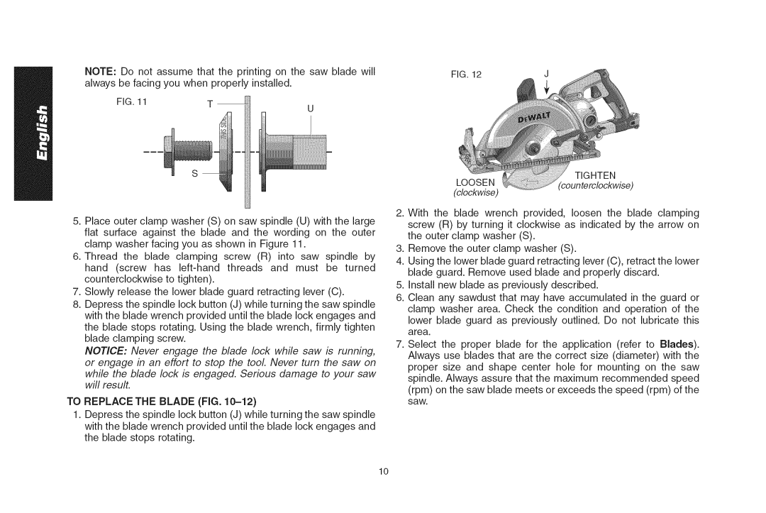 DeWalt DWS535T instruction manual To Replace the Blade FIG 