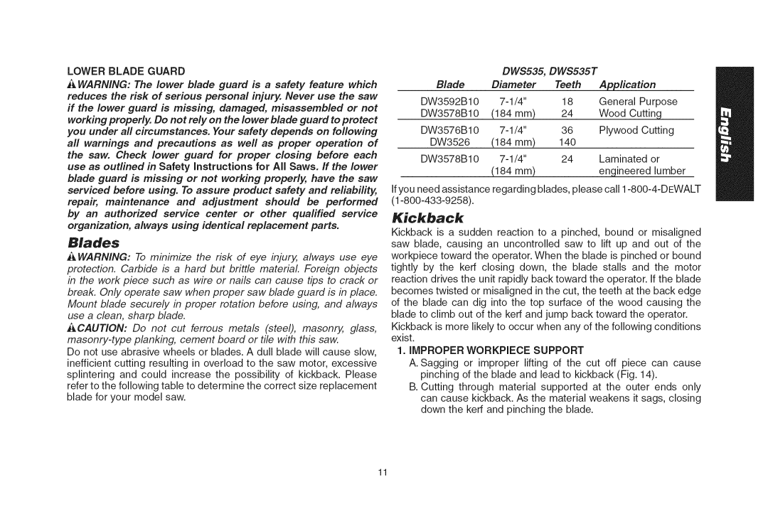 DeWalt DWS535T instruction manual Kickback, Blades, Lower Blade Guard, Improper Workpiece Support 