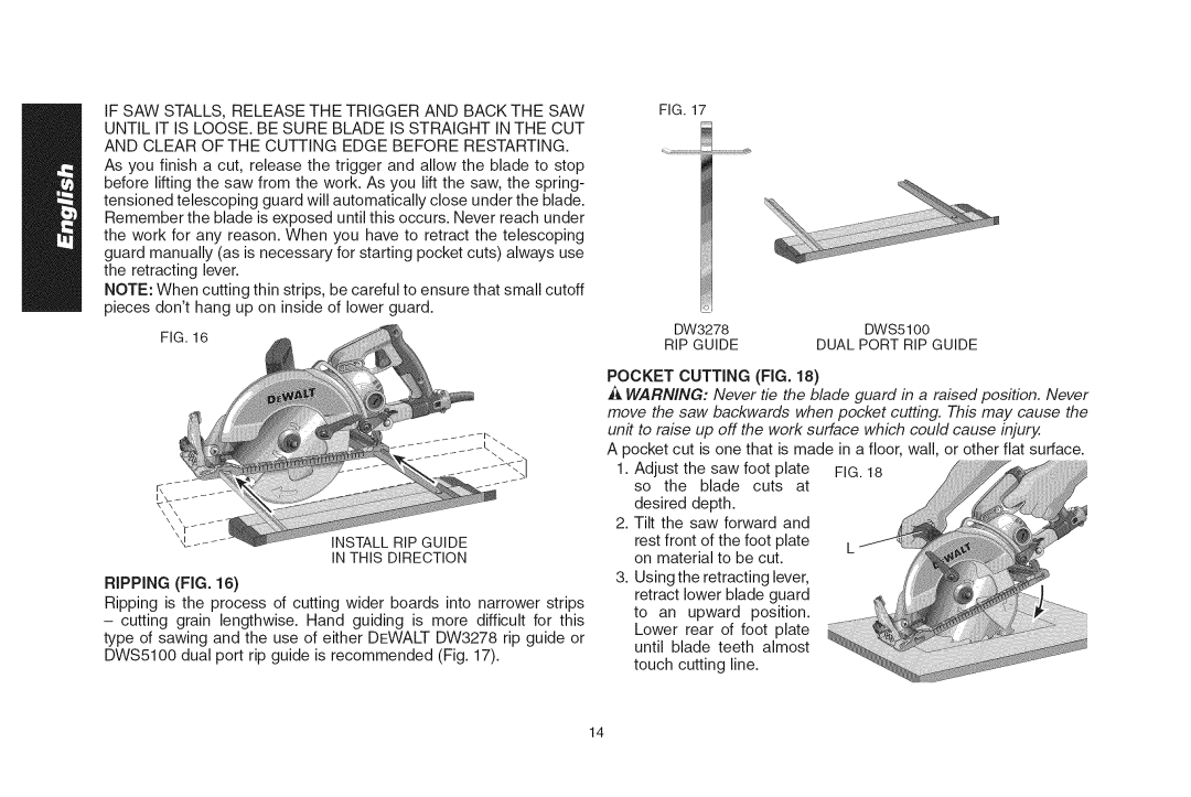 DeWalt DWS535T instruction manual Ripping FIG, RIP Guide, Pocket Cutting FIG 