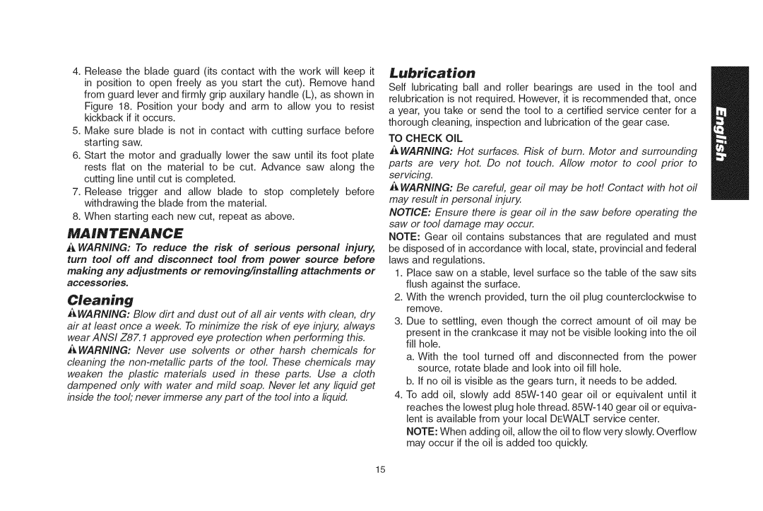 DeWalt DWS535T instruction manual Lubrication, To Check OIL 