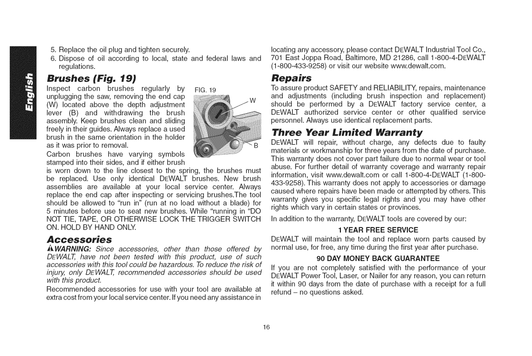 DeWalt DWS535T instruction manual Brushes Fig, Year Free Service, DAY Money Back Guarantee 