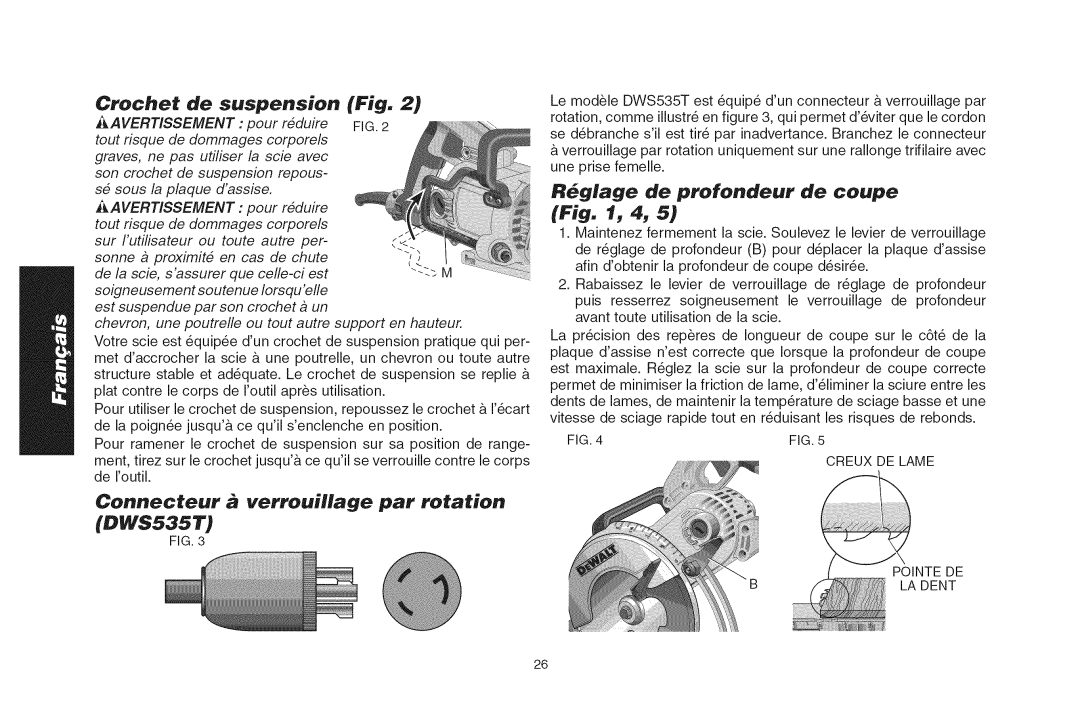 DeWalt DWS535T De suspension, Rglage de profondeur de coupe, Connecteur verrouiUage par rotation, Avertissement 