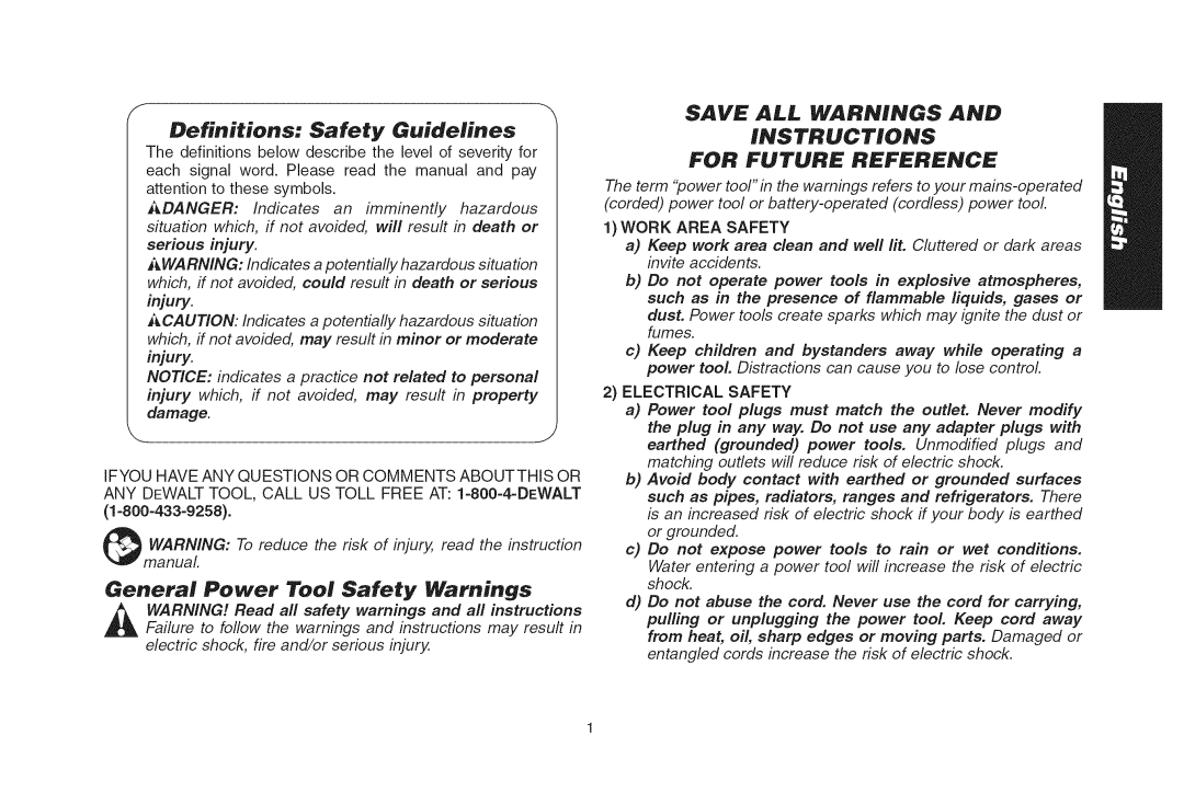 DeWalt DWS535 Definitions Safety Guidelines, General Power Tool Safety Warnings, Work Area Safety, Electrical Safety 