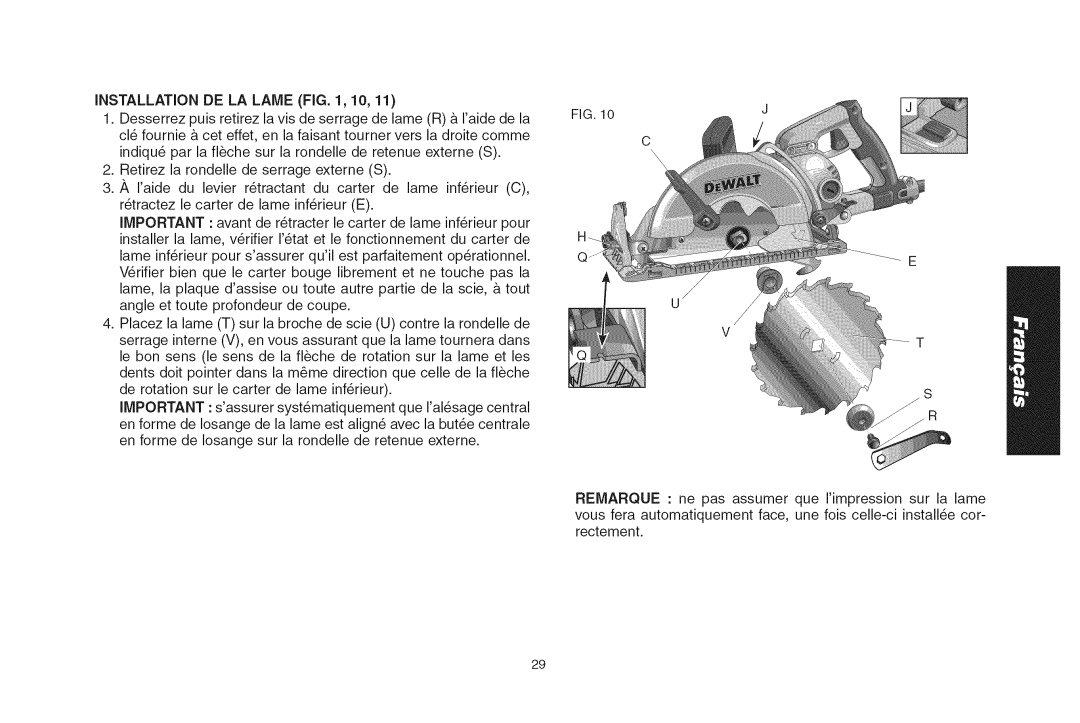 DeWalt DWS535T instruction manual Installation DE LA Lame ,10 