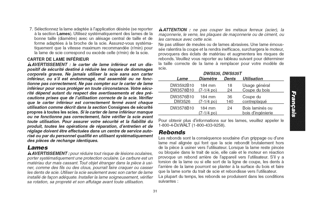 DeWalt DWS535T instruction manual Lames, Rebonds, Carter DE Lame Inferjeur 