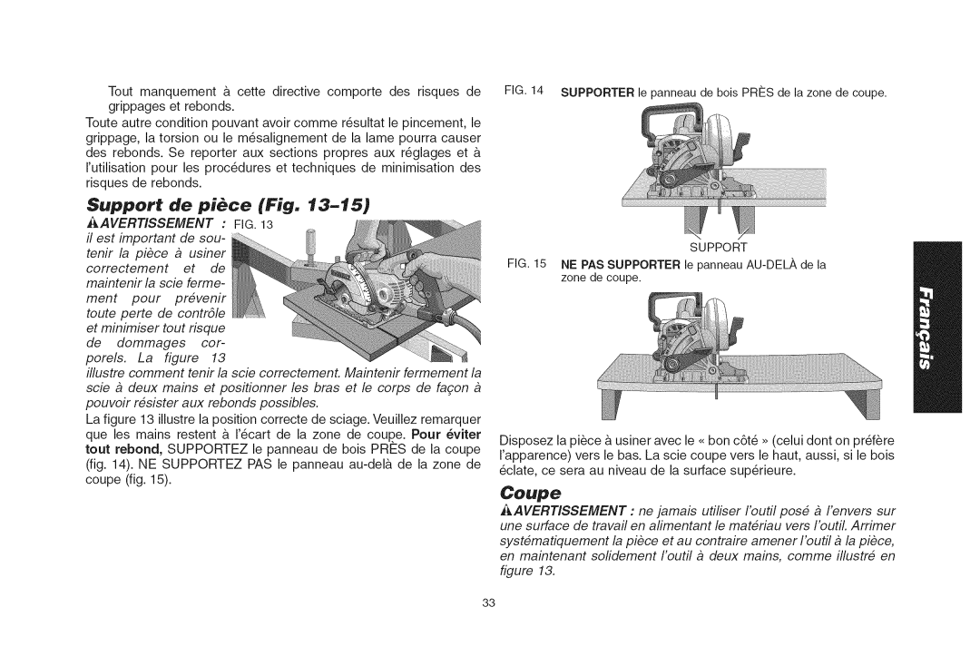 DeWalt DWS535T instruction manual Support de piece Fig, Coupe 