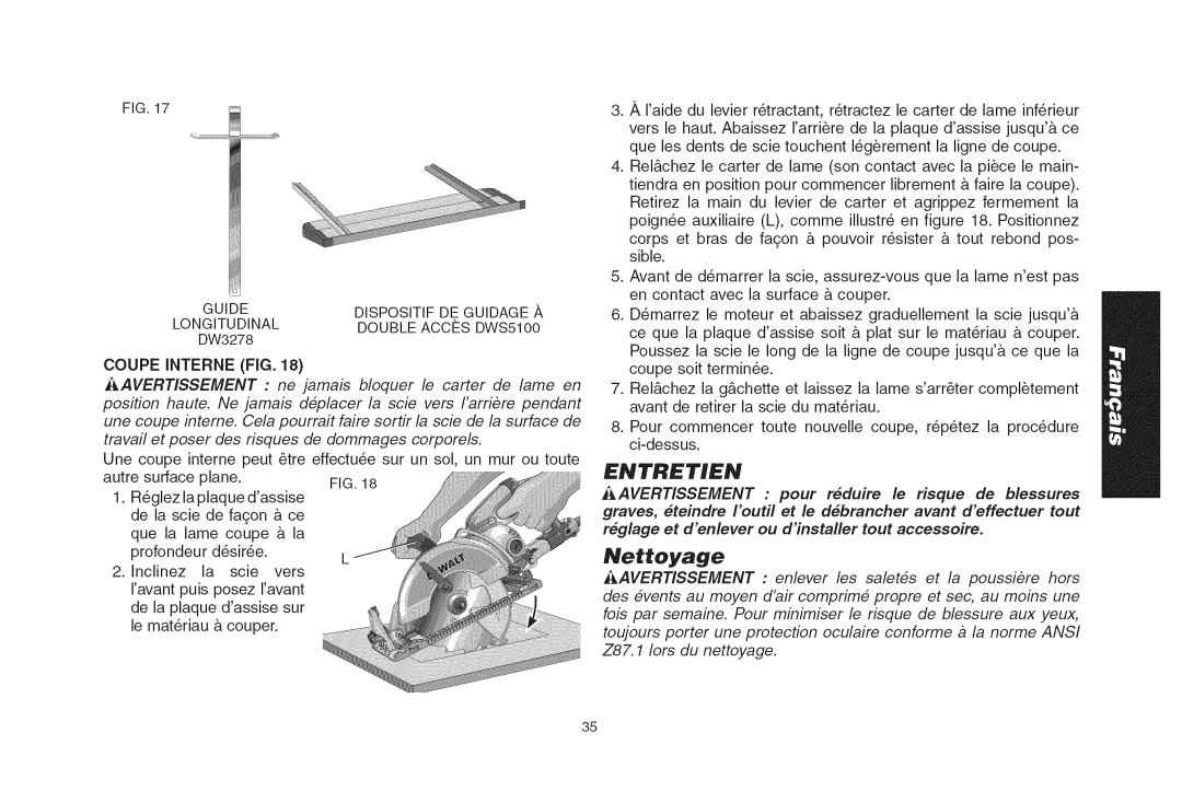 DeWalt DWS535T instruction manual Nettoyage, Coupe Interne FIG 