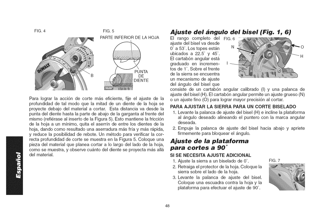 DeWalt DWS535T instruction manual Ajuste dei aregulo del bisel, Ajuste de la plataforrna, Punta Diente 