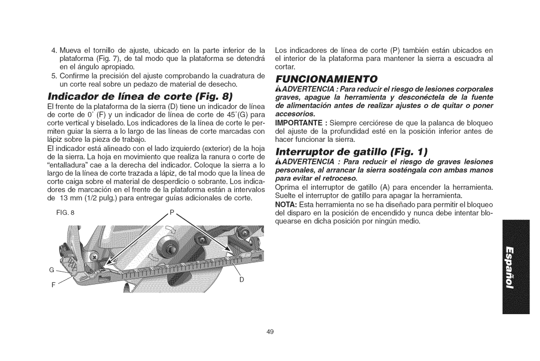 DeWalt DWS535T instruction manual Indicader de linea de torte Fig, Interrupter de gatille Fig 