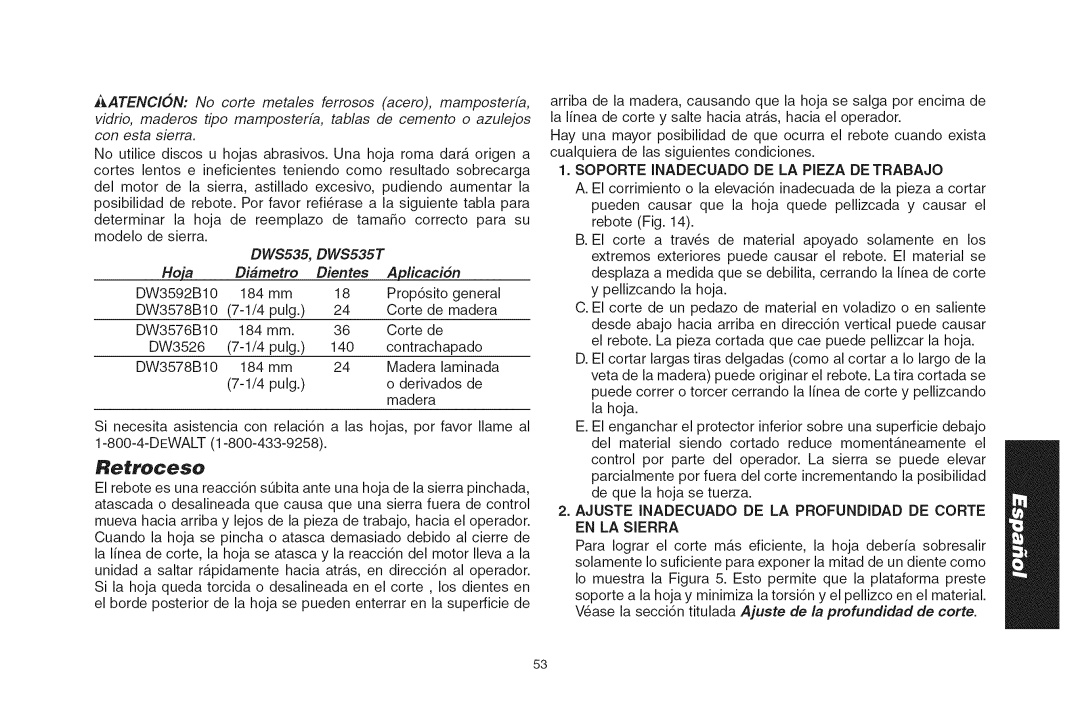 DeWalt DWS535T instruction manual Retroceso, Soporte Inadecuado DE LA Pieza DE Trabajo 