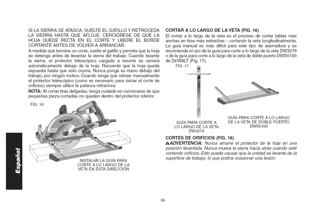 DeWalt DWS535T Cortar a LO Largo DE Laveta FIG, LO Largo DE LA VETADWS5100 DW3278 Cortes DE Orifioios FIG 