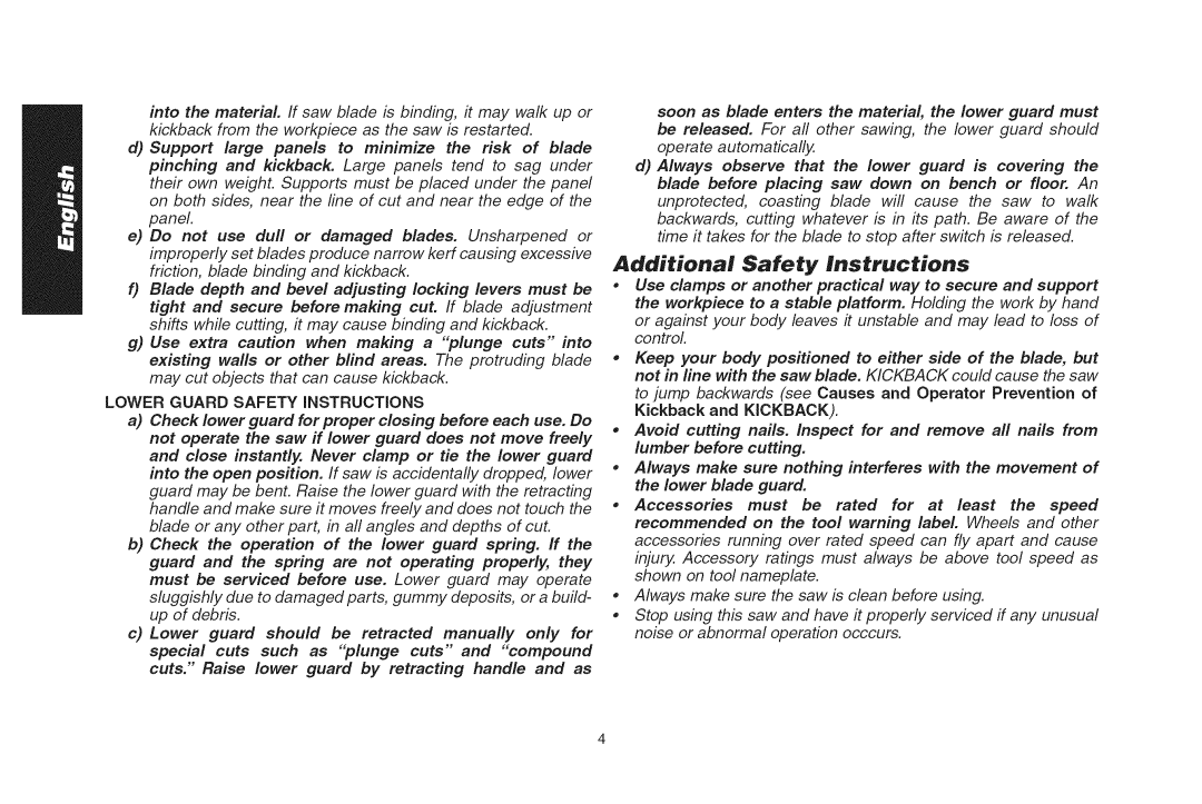 DeWalt DWS535T instruction manual Lower Guard Safety Instructions, Kickback 