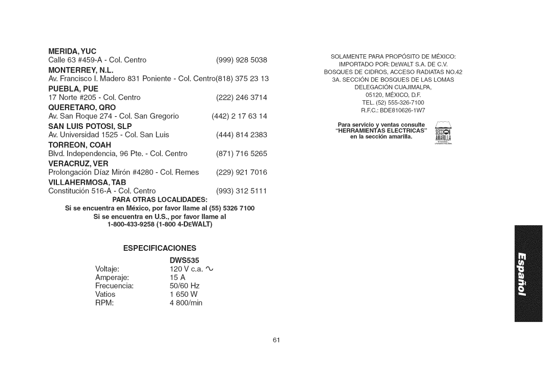 DeWalt DWS535 Merida, Yuc, Monterrey, Puebla, Pue, Queretaro, Qro, Torreon Coar, Veracruz VER, Paraotras Localidades, Rpm 