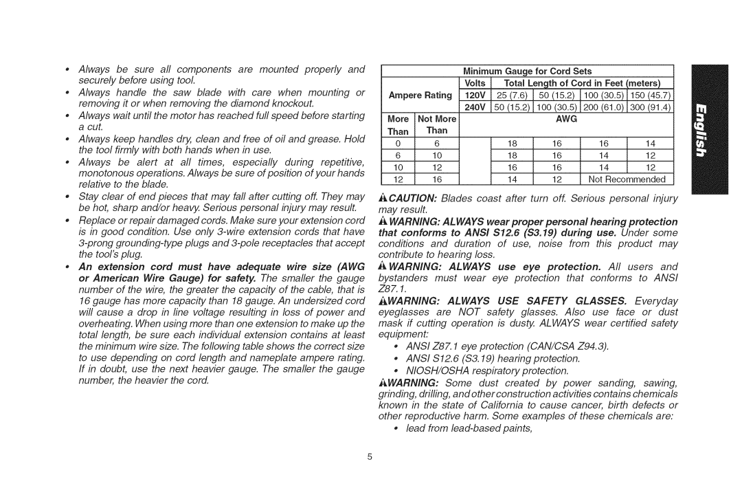 DeWalt DWS535T instruction manual Minimum Gauge for Cord Sets 