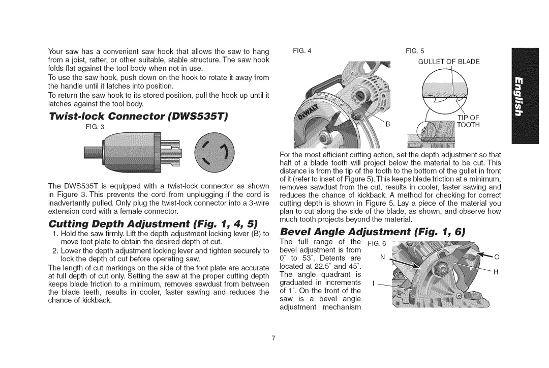 DeWalt instruction manual Twist-lock Connector DWS535T, Cutting Depth Adjustment 4, Bevel Angle Adjustment 